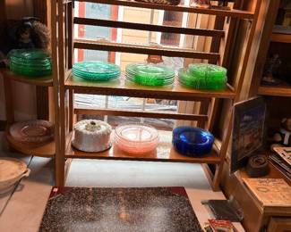 Newspaper morgue book, uranium glass plates, depression glass plates, pyrex plates