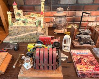Safety Always lantern, toy soldier fort, telephone generator hand crank