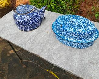 Blue Splatterware iron coffee pot and Roaster