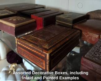 Assorted Decorative Boxes, including Inlaid and Painted Examples