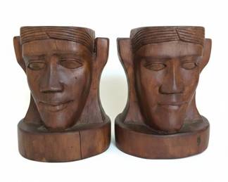 Pair of Hand Carved Wooden Tribal Masks Bookends