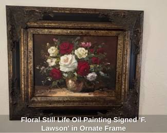 Floral Still Life Oil Painting Signed F. Lawson in Ornate Frame
