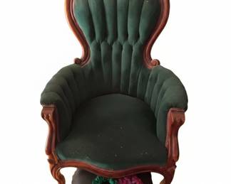 Victorian Style Tufted Armchair with Mahogany Side Table and Brass Urn Lamp second image