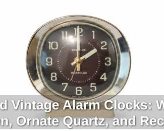 Assorted Vintage Alarm Clocks Westclox Baby Ben, Ornate Quartz, and Rectangular GoldToned