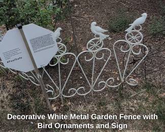 Decorative White Metal Garden Fence with Bird Ornaments and Sign