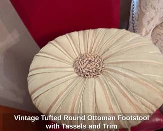 Vintage Tufted Round Ottoman Footstool with Tassels and Trim second image