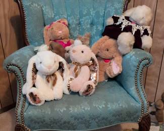 Collection of Plush Bunnies on a Vintage Teal Armchair second image