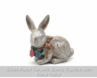 SilverPlated Ceramic Bunny Figurine with Floral Collar