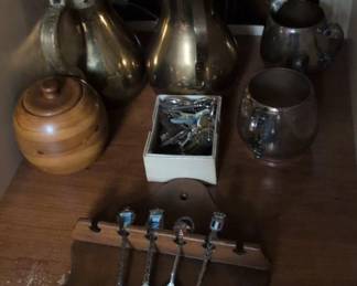 Brass Dallah Coffee Pot with SilverPlated Cups and Souvenir Spoons