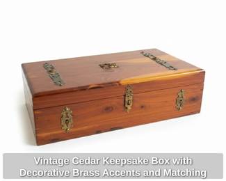 Vintage Cedar Keepsake Box with Decorative Brass Accents and Matching Tray second image