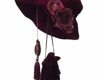 Victorianstyle Velvet Hat with Floral Embellishments and Matching Drawstring Pouch second image