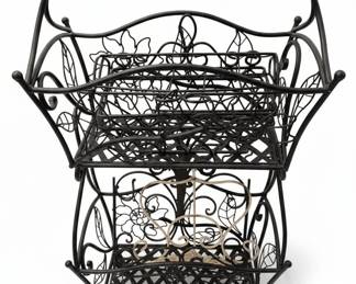 Vintage Wrought Iron Tier Magazine Rack with Floral and Leaf Motifs