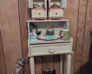 Victorian Style Doll with Miniature Sewing Machine and Display Cabinet