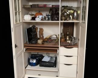 Cream Colored ThreeDoor Cabinet with Glass Panes and PullOut Shelf second image