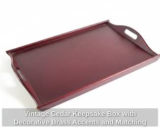 Vintage Cedar Keepsake Box with Decorative Brass Accents and Matching Tray fourth image