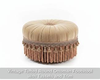 Vintage Tufted Round Ottoman Footstool with Tassels and Trim