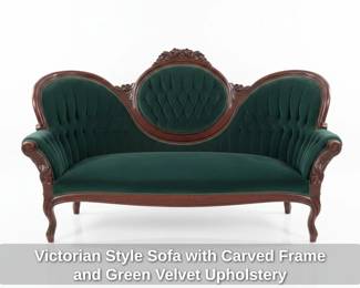 Victorian Style Sofa with Carved Frame and Green Velvet Upholstery