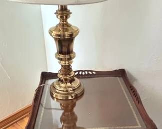 Victorian Style Tufted Armchair with Mahogany Side Table and Brass Urn Lamp