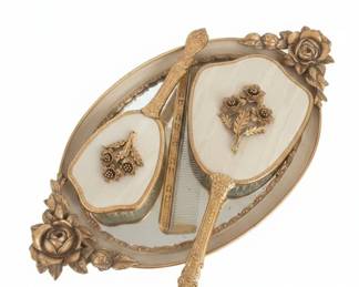 Vintage Stylebuilt Accessories K Gold Plated Vanity Set with Tray, Mirror, Brushes, and Comb