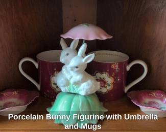 Porcelain Bunny Figurine with Umbrella and Mugs