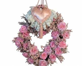 Vintage Pink Rose and Lace Heart Wreath