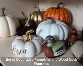 Set of Decorative Pumpkins and Wood Duck Figurines