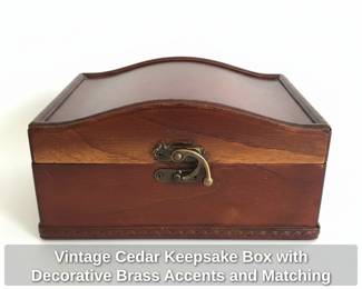 Vintage Cedar Keepsake Box with Decorative Brass Accents and Matching Tray