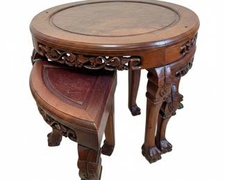 Vintage Chinese Carved Rosewood Tea Table with Nesting Stool
