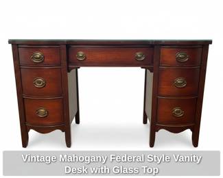 Vintage Mahogany Federal Style Vanity Desk with Glass Top