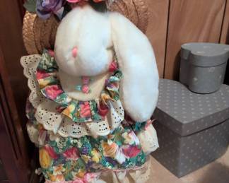 Vintage Easter Bunny Plush Toy with Floral Dress and Straw Hat