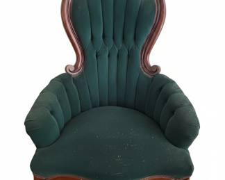 Victorian Style Tufted Armchair with Mahogany Side Table and Brass Urn Lamp fifth image