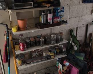 Assorted Garage Sale Items Power Drill, Tools, Jars, and Home Goods