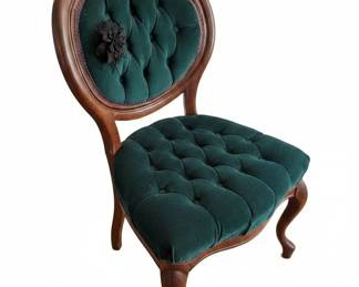 Victorian Style Tufted Armchair with Mahogany Side Table and Brass Urn Lamp fourth image