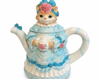 Victorian Cat Figural Teapot with Bonnet and Rose Accent
