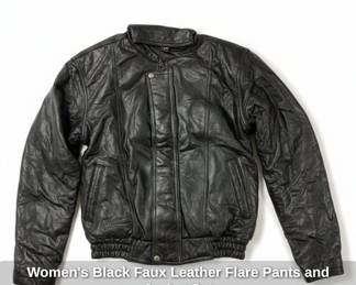 Womens Black Faux Leather Flare Pants and Jacket Set second image