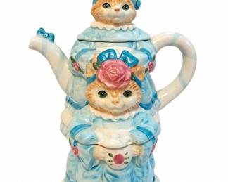 Victorian Cat Figural Teapot with Bonnet and Rose Accent second image