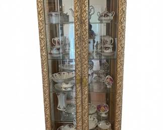Ornate Gilt Display Cabinet with Porcelain Tea Set