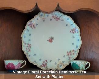 Vintage Floral Porcelain Demitasse Tea Set with Platter