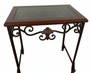 Ornate Scroll Metal and Wood Accent Table with Glass Top