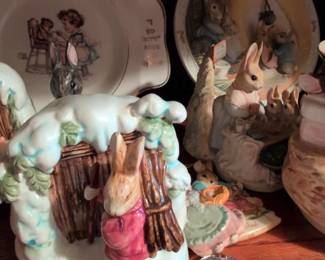Fitz Floyd Jardin Rabbit Ceramic Figurines and Plates