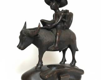 Carved Wooden Figure of a Man Riding a Water Buffalo with Ashtray Base