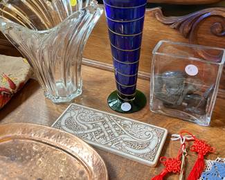 Book of kells reproduced frieze, copper platter, vases.