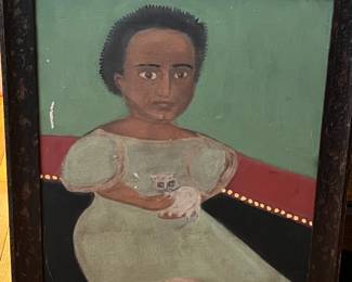 Primitive portrait of young girl with kitten