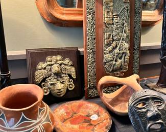 Navajo jug, Mexican face and scene on wood, mask, San Salvadoran plate