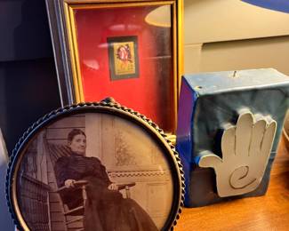 Edith Piaf stamp, framed. Daguerreotype, hand made candle.