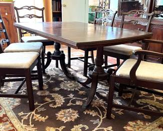 Dining table with 2 leaves, pad, 6 chairs