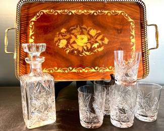 Crystal decanter and glasses/ inlaid tray