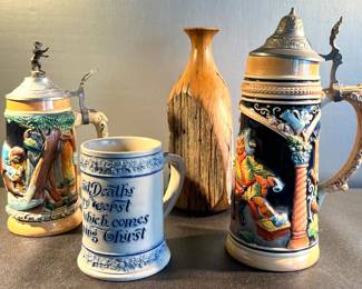 Beer steins and wood turned vase