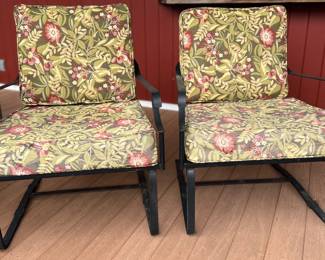 Pair iron patio chairs with cushions 