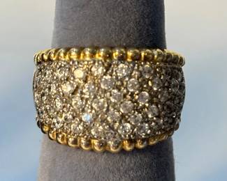 j 14K Gold Band Ring with Pave Setting CZ and Beaded Edging